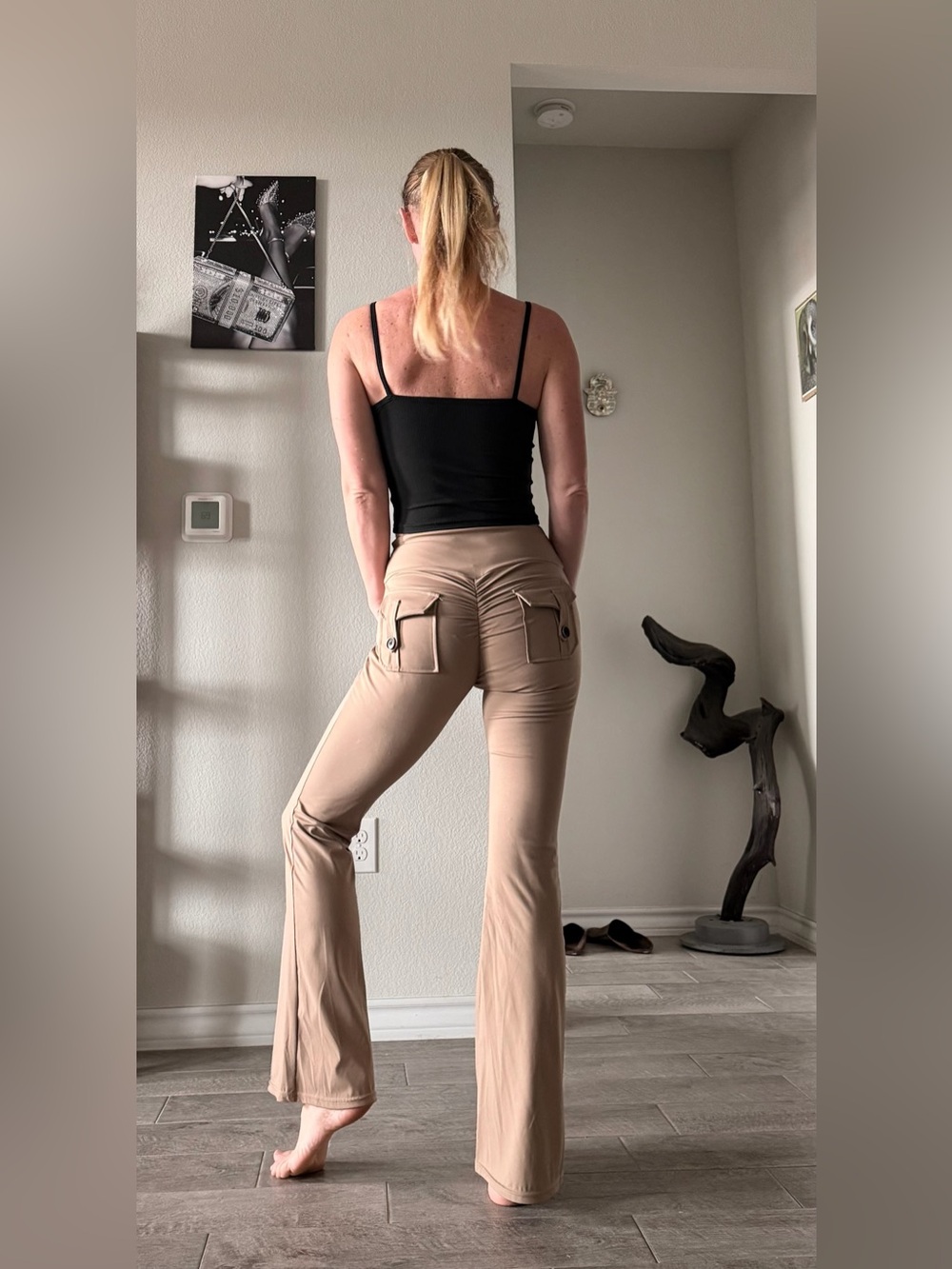 Sexy high waisted nude cargo flare leggings, size M